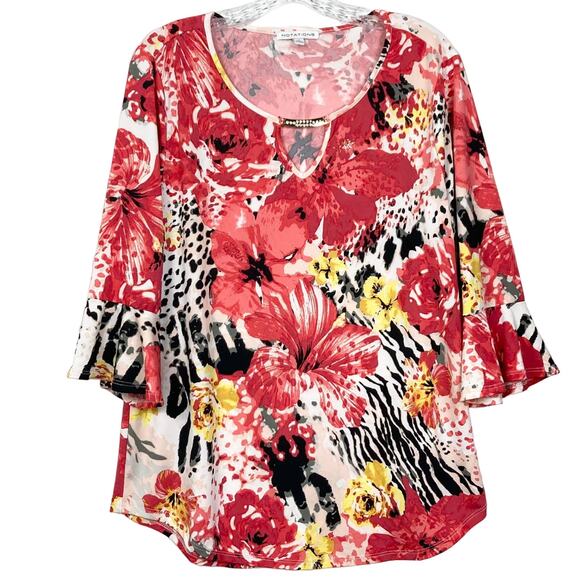 NWOT NOTATIONS Top XL Floral Jeweled Bell-Flared-Tiered-3/4-Sleeve Red Colorful - Picture 1 of 10